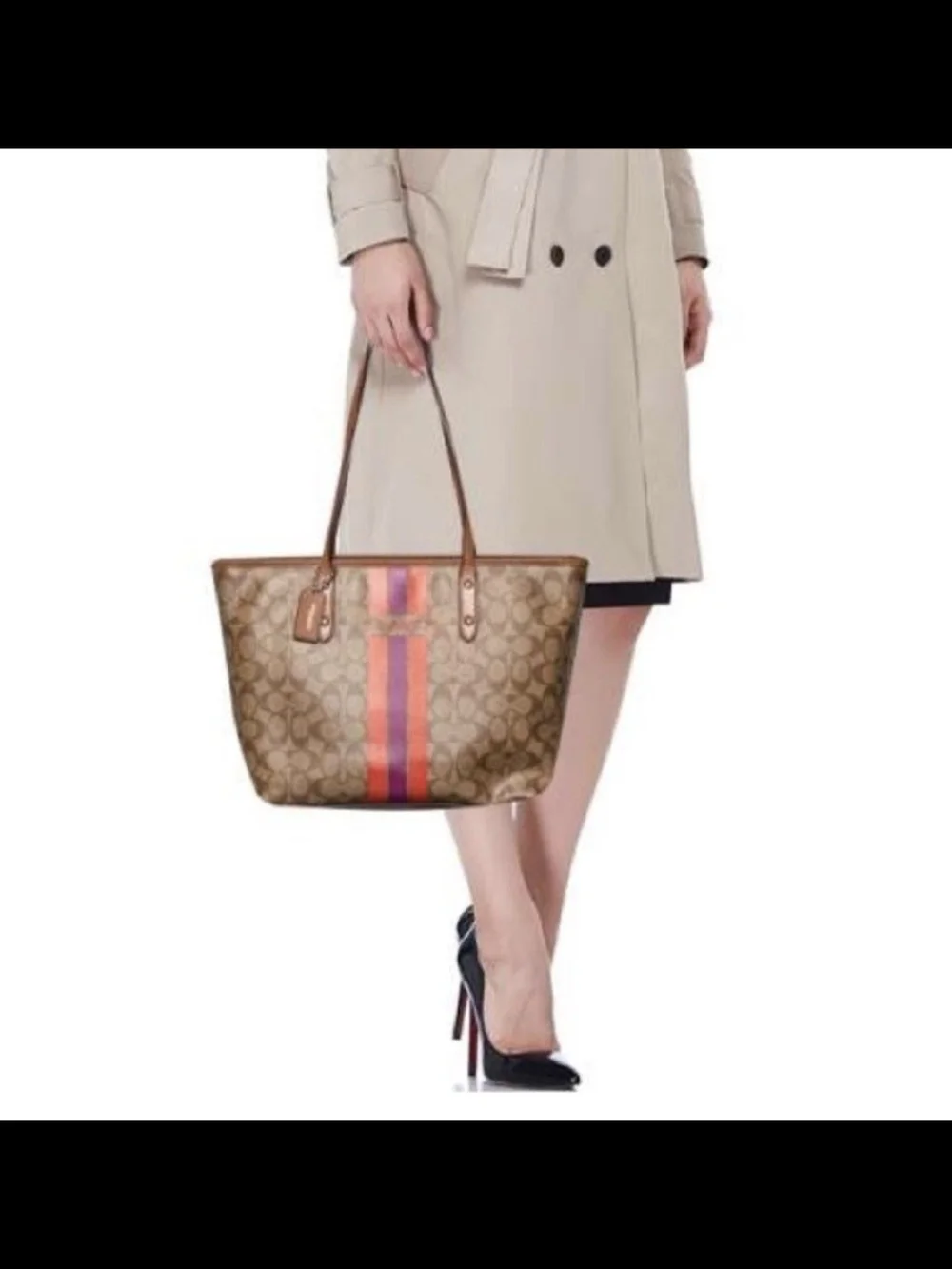 Coach Tan Signature Canvas Tote with Pink and Red Stripe